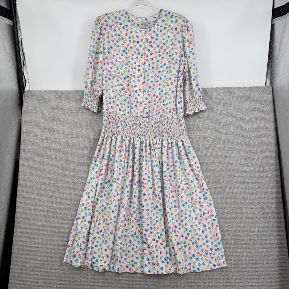Vtg Andrea Gayle Floral Smocked Waist Dress Women 14P Multi-Color Tulip Pattern
